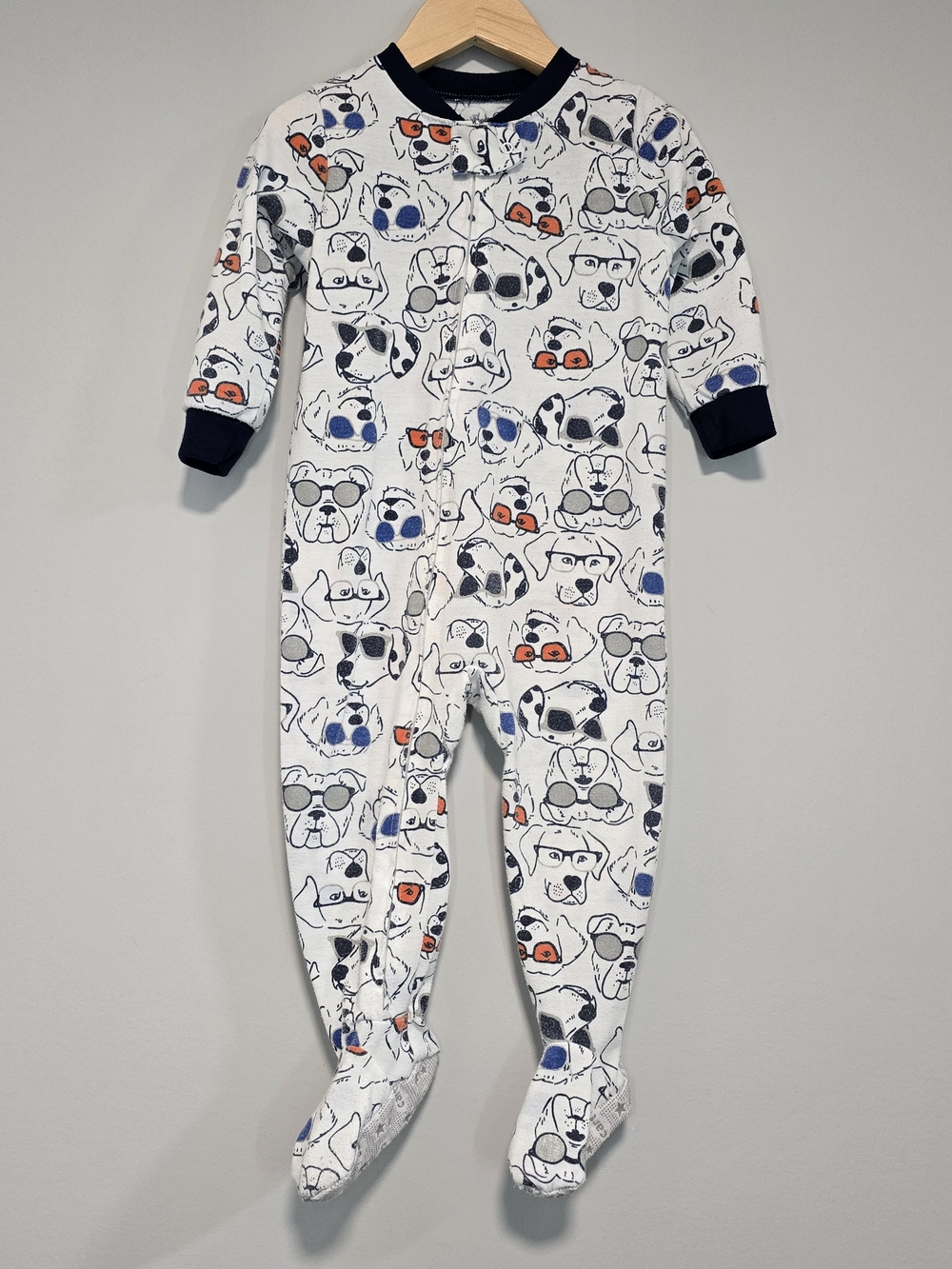 Baby Footed One-Piece with Dog Print - White/Navy